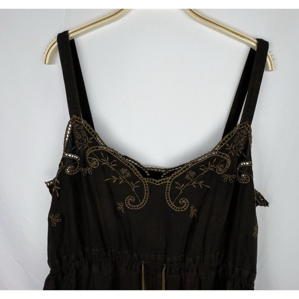 J.CREW Brown 100% Linen Embroidered Slip Dress Women 16 Boho Peasant Pockets - Picture 2 of 14